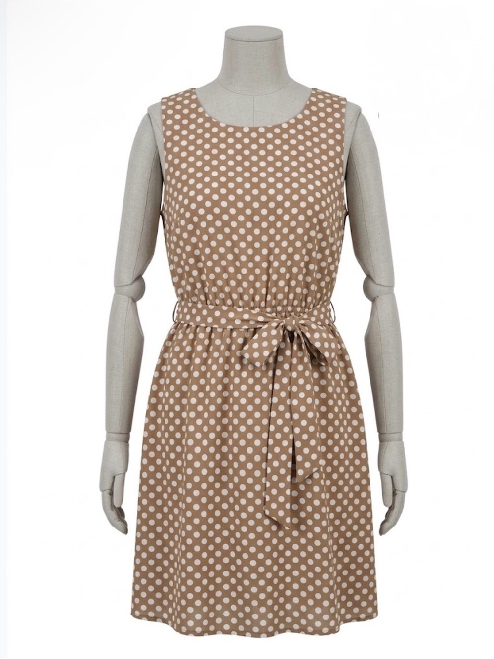 Polka Dot Sleeveless Fit & Flare Dress - Beige/White